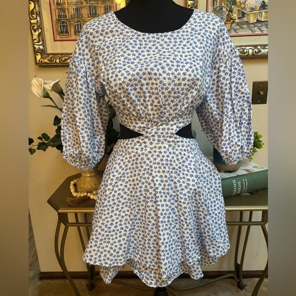 VESTIQUE CUT- OUT FIT & FLARE BLUE FLORAL PEASANT TIE BACK MINI DRESS SZ L - Picture 3 of 14